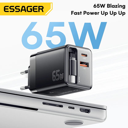 65W GaN USB C Charger With Retractable Cable PD Fast Charging