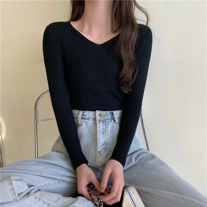 Women's V-Neck Knitted Pullover, Long Sleeve Slim Fit Jersey Top