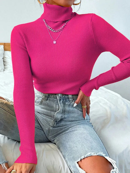 Women's Foldover Turtleneck Ribbed Knit Sweater Long Sleeve
