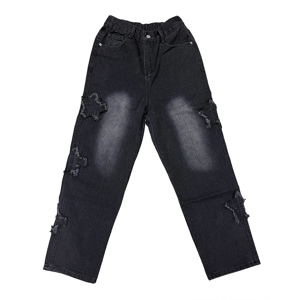 Mens Patchwork Jeans With Star Pattern Zipper Fly Tassel Trousers Streetwear