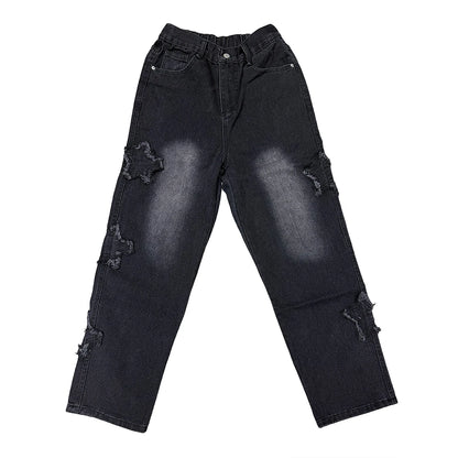 Mens Patchwork Jeans With Star Pattern Zipper Fly Tassel Trousers Streetwear
