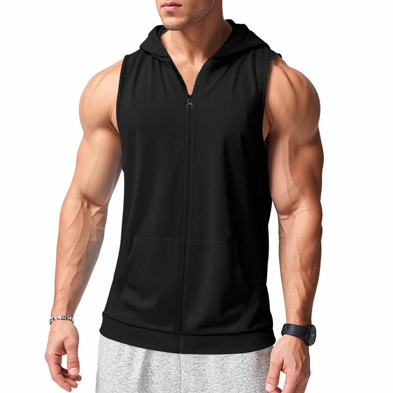 Summer Men's Hooded Zipper Tank Tops Casual Fitness Sports Vest Fashion Zipper Sleeveless Cardigan Tees Tops Male running Vest