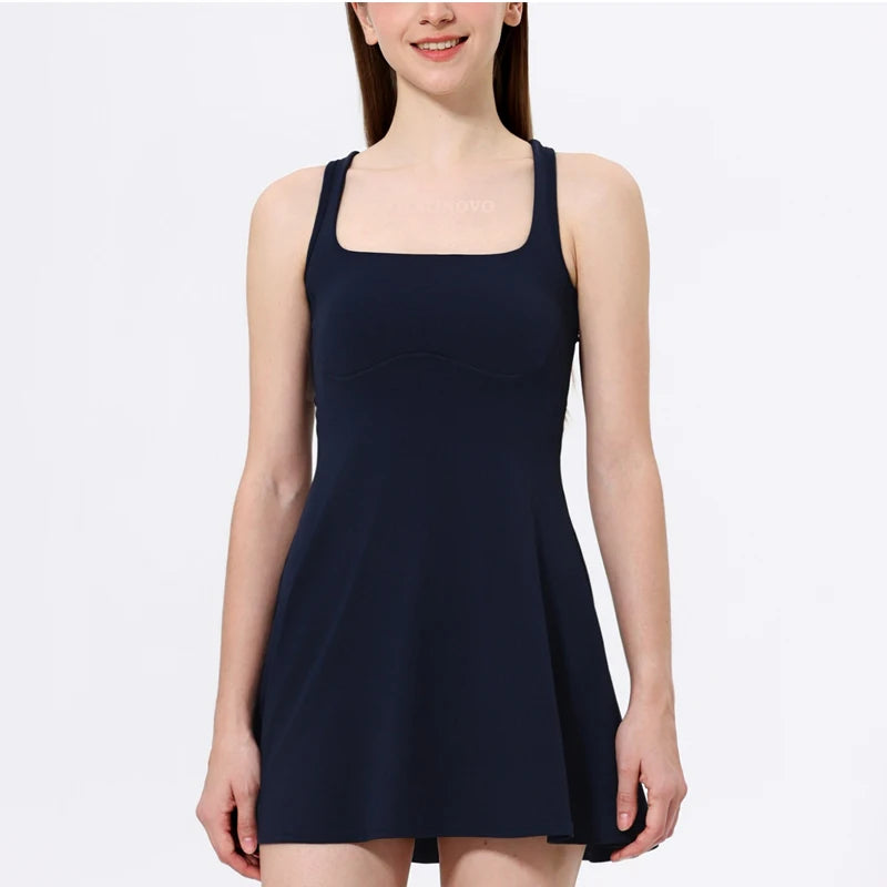 VITALINOVO Square Neck Womens Two Pieces Tennis Dress with Shorts Open Racerback Built-in Bra Workout Athletic Golf Dresses