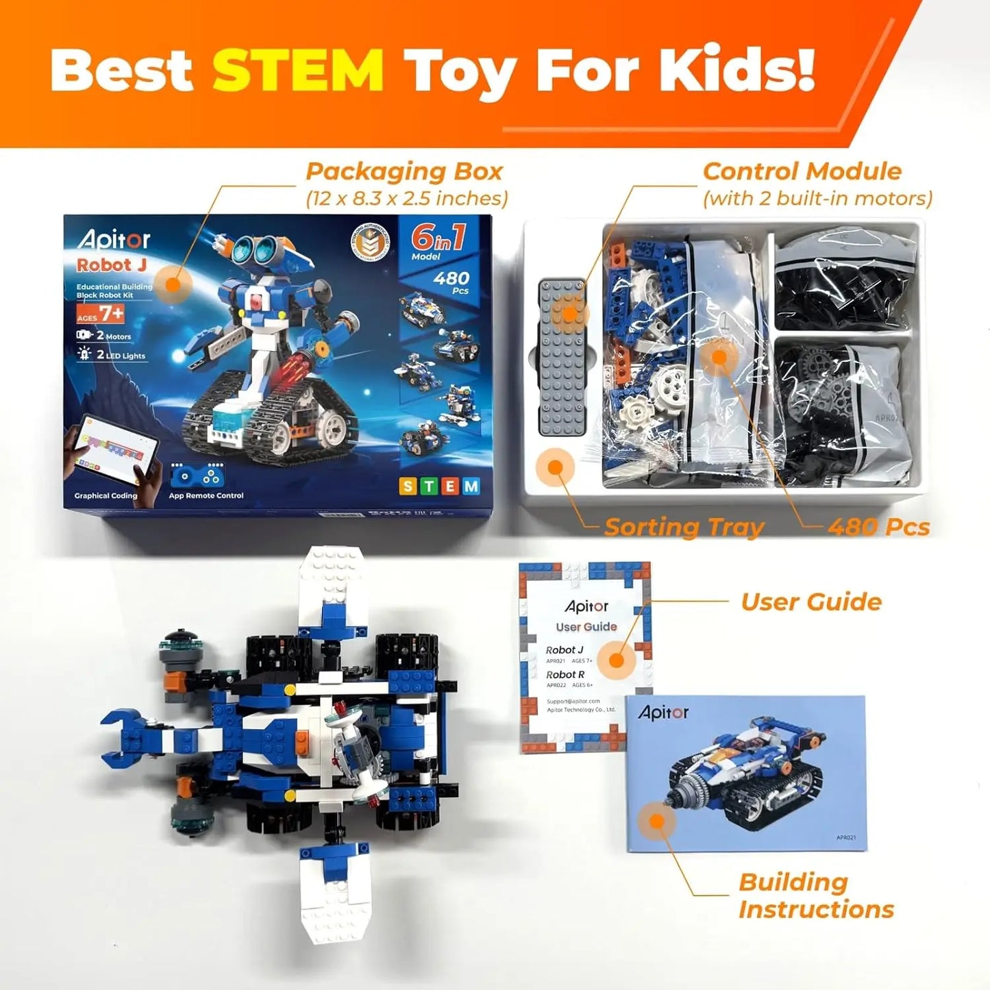 Apitor STEAM Robot Toy 6-in-1 Robot Building Kit for Boys Age 8-12 Remote Control Coding Toys Educational Robotics Gift for Kids