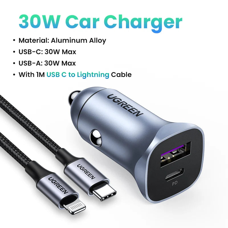 UGREEN Car Charger Type C Fast USB Charger for iPhone 17 16 15 Xiaomi Car Charging Quick 4.0 3.0 Charge Mobile Phone PD Charger