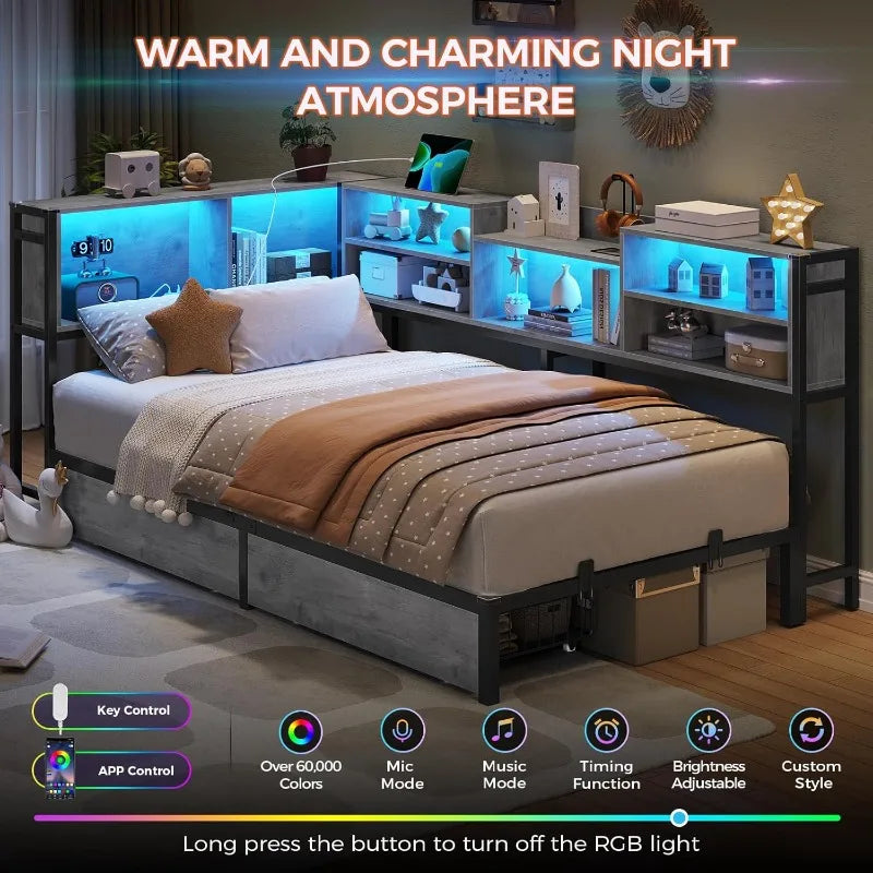 Corner Twin Bed Frame with Bookcase Storage and Led Lights Metal Platform Beds with 2 Drawers and Charging Station Twin S