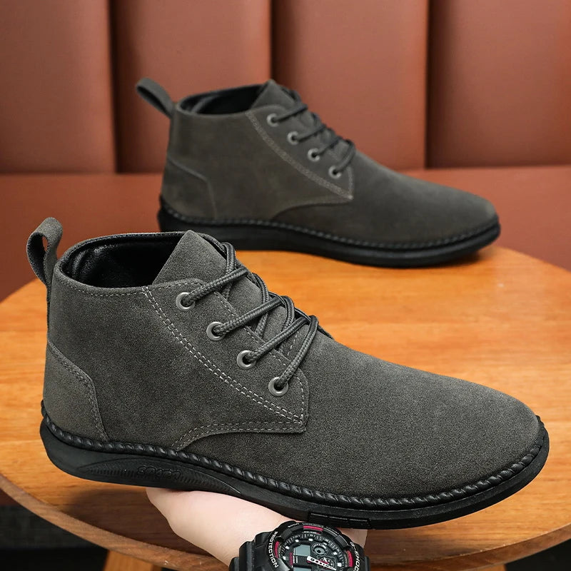 High Top Casual Board Shoes Men's Lace Up Suede Black Flat Bottom Short Boots Men's Chelsea Boots High-quality Brand Denim Boots