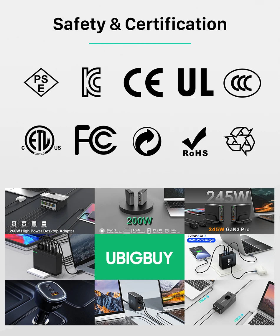 Ubigbuy 300W GaN Charger PPS PD 100W USB Type C 6-Port Digital Display Desktop Fast Charging Station for MacBook iPhone Samsung
