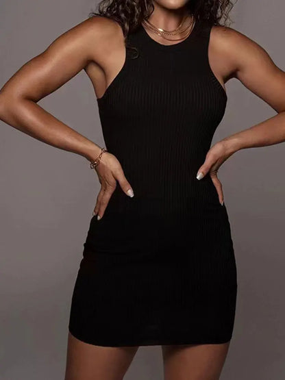 Black Ribbed Bodycon Sleeveless Mini Dress Polyester Women