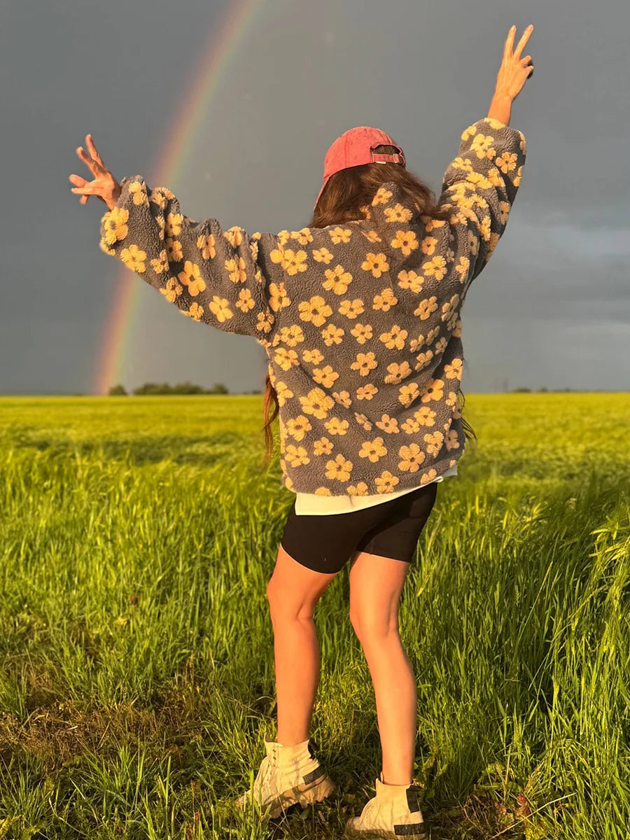 Blubelle New Autumn Winter Women's Sherpa Floral Pullover Hoodies Half Zip Style Loose Fit Warm Stylish Sweatshirt