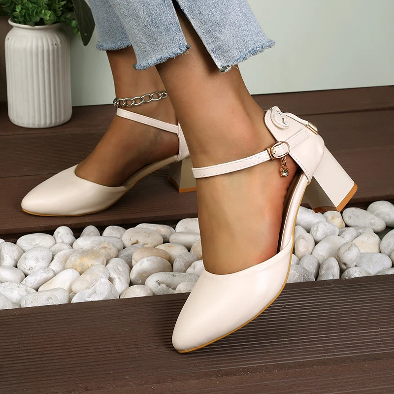 Thin Strap Pump With Bowknot Buckle, Pointed Toe, Square Heel