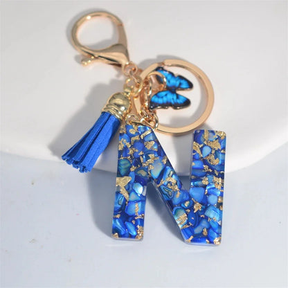AZ Letter Keychain With Blue Stone And Butterfly Tassel Pendant