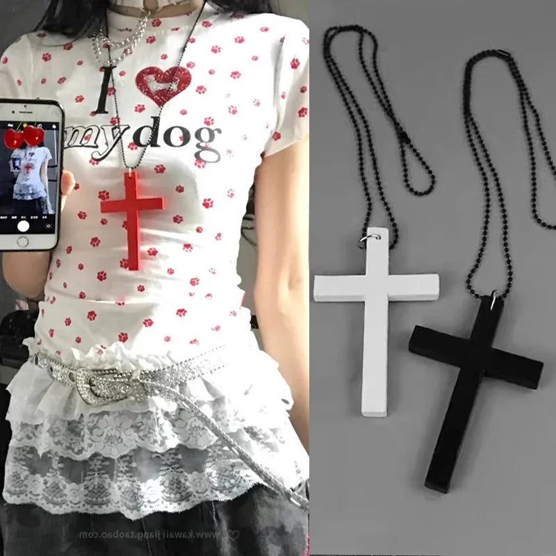 2025 New Cool Punk Gothic Wood Cross Pendant Necklace for Women Men Vintage Black White Hip Hop Y2k Necklace Party Jewelry Gift
