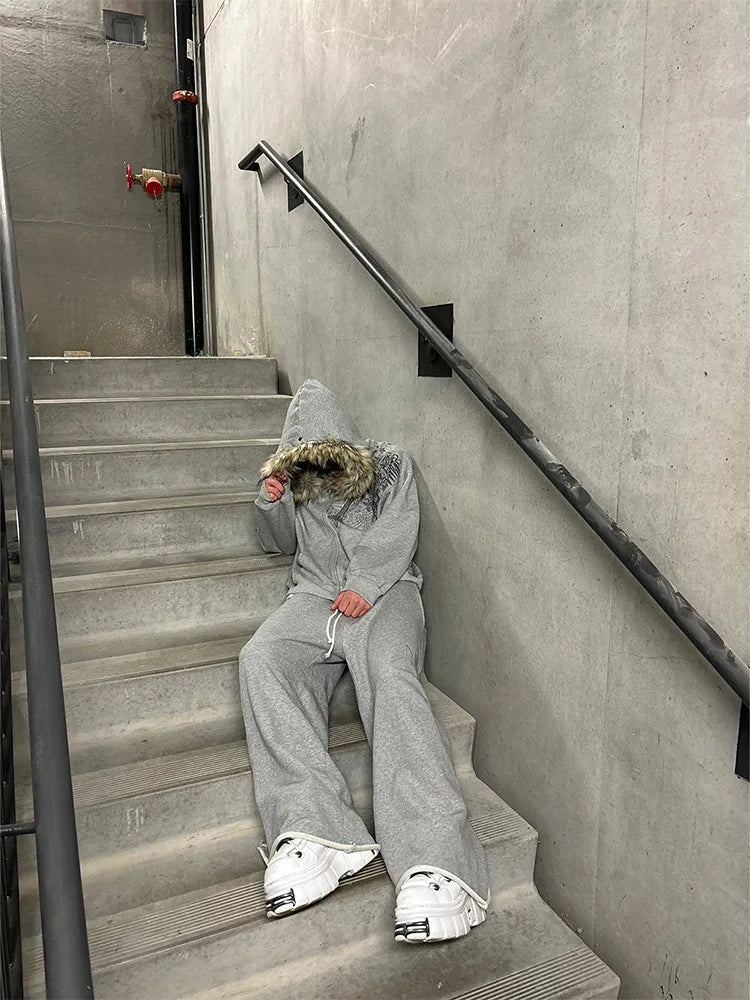 Autumn/Winter Y2k Women Aesthetic Harajuku Faux Fur Collar Hoodies Clothes Graphic Hip Hop Punk Gothic Zip Up Hoodies 2025 new