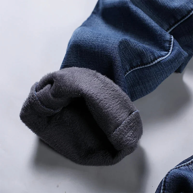 Winter Thermal Warm Flannel Stretch Jeans Mens Winter Quality Famous Brand Fleece Pants Straight Flocking Trousers Denim Jean