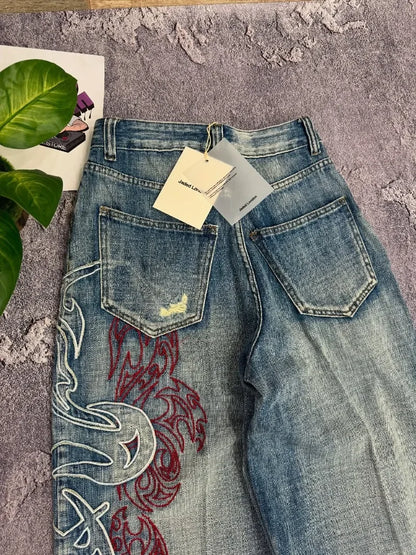 Baggy Wide Leg Jeans For Men Embroidered Pattern Vintage Hip Hop Style