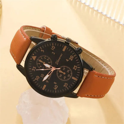 Elegant Leather Watch & Bracelet Set for Men – Fashion Quartz Wristwatch