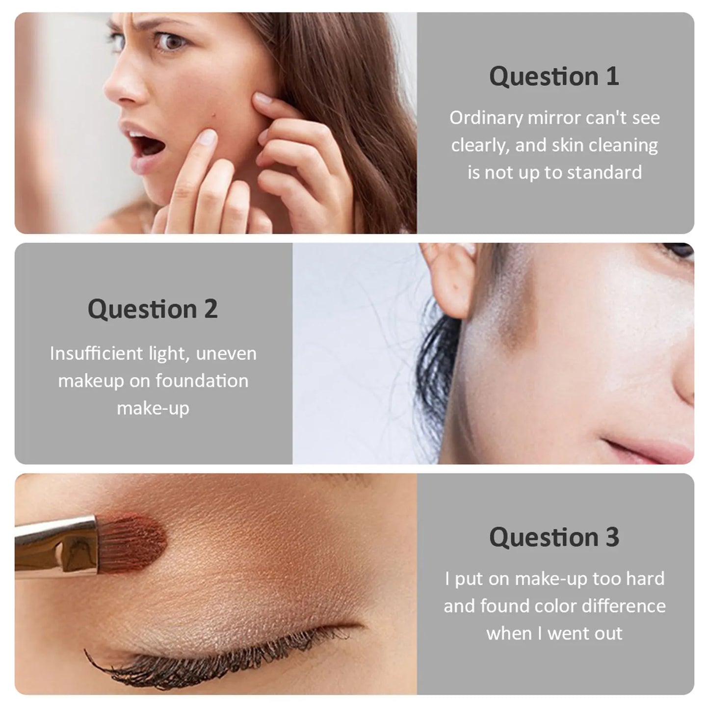 Portable LED Makeup Mirror With Touch Screen, 3 Light Modes, 17.5 x 13 cm Silver