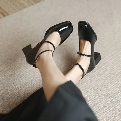 Leather Mary Jane Pumps Buckle Strap Shallow Square Toe High Heel Women