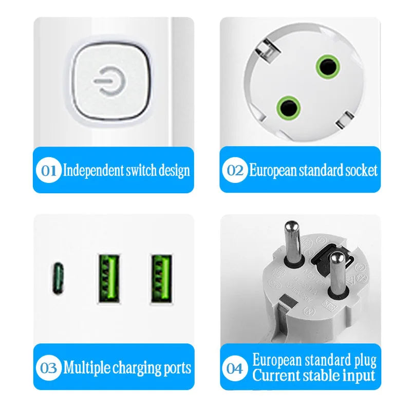 EU Plug Electrical Socket with 3/5 AC Outlets 2 USB Ports + 1 Type C 6/8-in-1 Plug Socket Adapter 2M Power Strip for Home Office