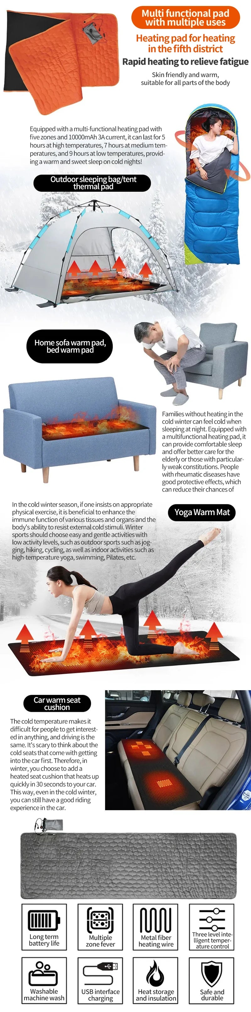 Outdoor Camping USB Heating Sleeping Mat Outdoor Electric Heating Pads Sleeping Bag Mattress For Hiking Travel