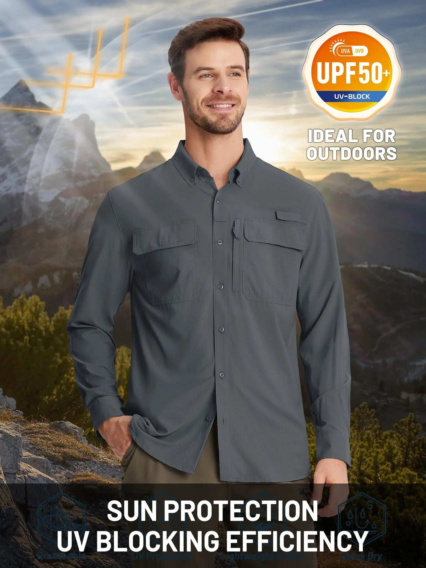 TACVASEN UPF 50+ Sun Protection Fishing Shirts Men's Quick Dry Long Sleeve Shirts Mesh Breathable Hiking Work Cargo Shirts