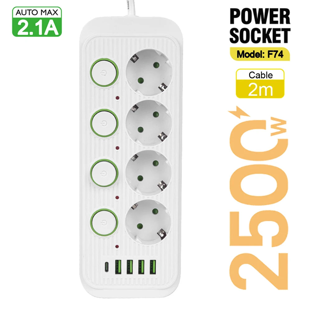 EU Plug Power Strip With USB Ports 2m Extension Cable Surge Protector