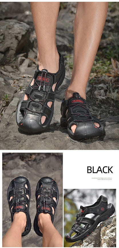 Men's Leather Sandals Handmade Thick Rubber Sole Breathable Slip On