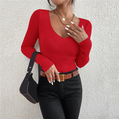 Women Rib Knit V Neck Stripe Pullover Sweater Long Sleeve Acrylic Cotton
