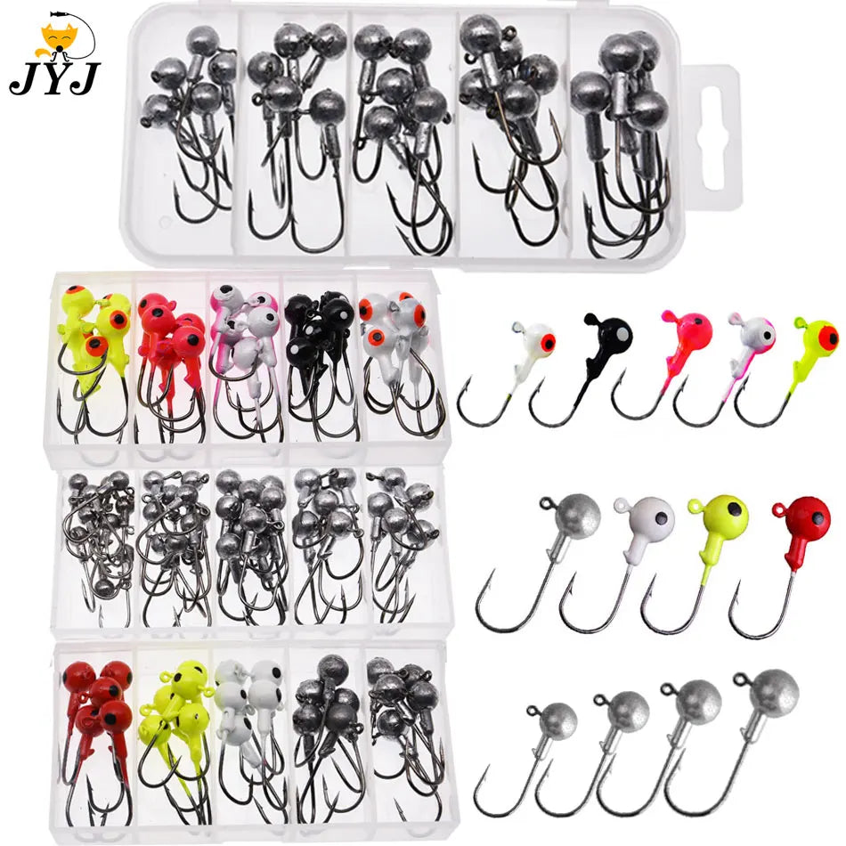 JYJ a box 1g 1.5g 2g 3g 3.5g fishing hook jig round head hook with mix colors , fishing tackle hook for soft grub worm baits