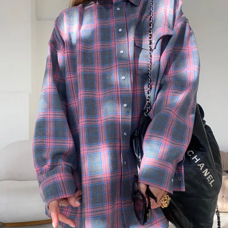 Oversized Plaid Shirt For Women Long Sleeve Button-Down Korean Style