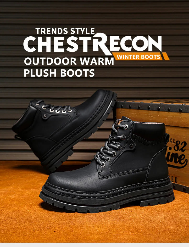 Men's Winter Snow Boots Leather Plush Lining Ankle High Lace Up