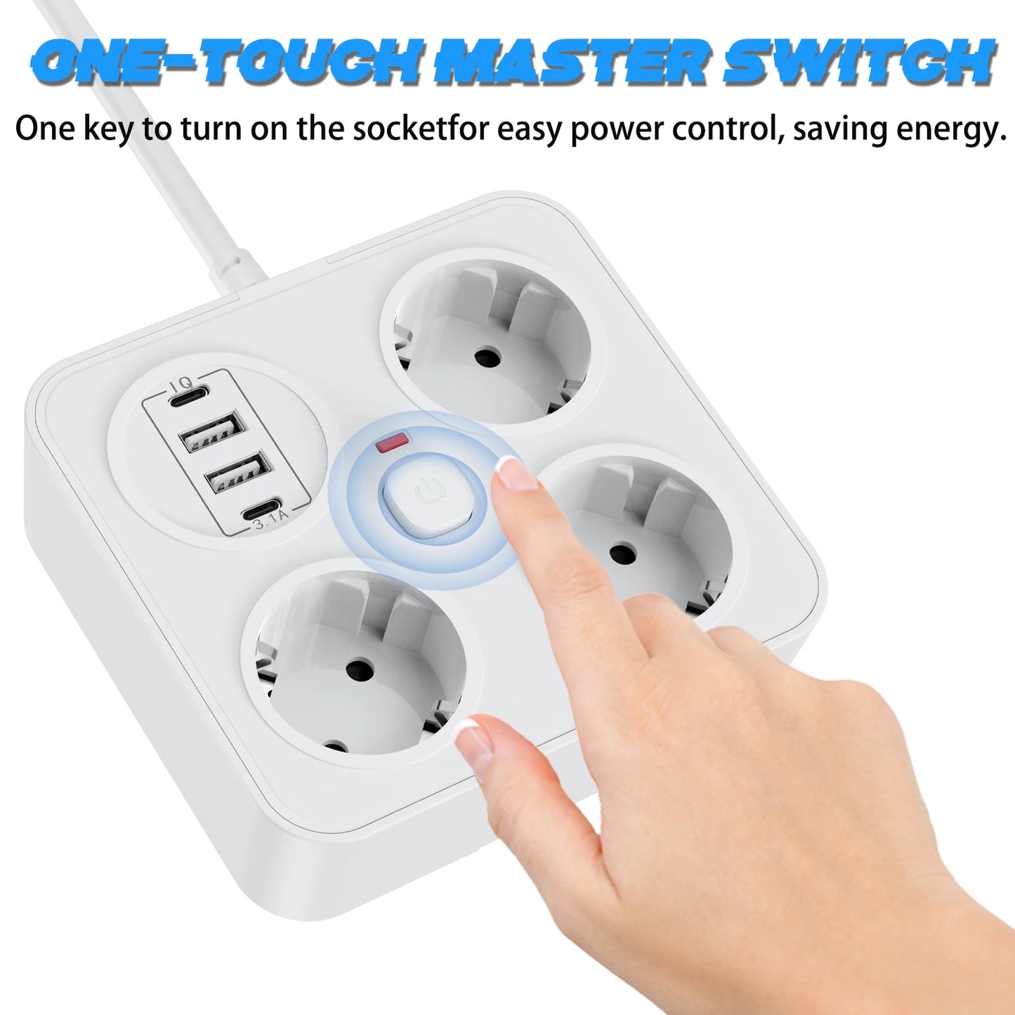 European plug extension cord power strip with 3AC+2USB-A+2USB-C with switch multi-contact socket 13A 250V 3250W surge protector
