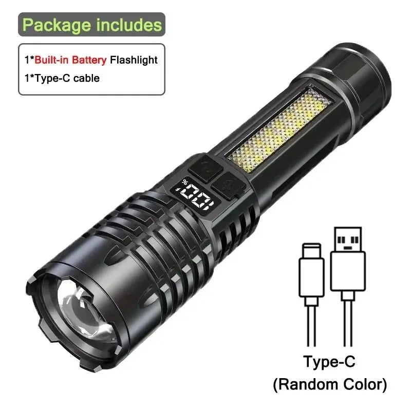 LED Flashlight ABS Type-C Rechargeable COB Torch With Side Light Black