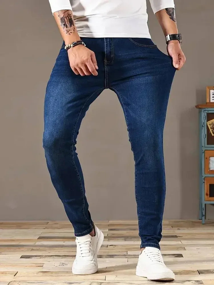 Mens Stretch Skinny Denim Jeans Solid Color Black and Blue Slim Fit