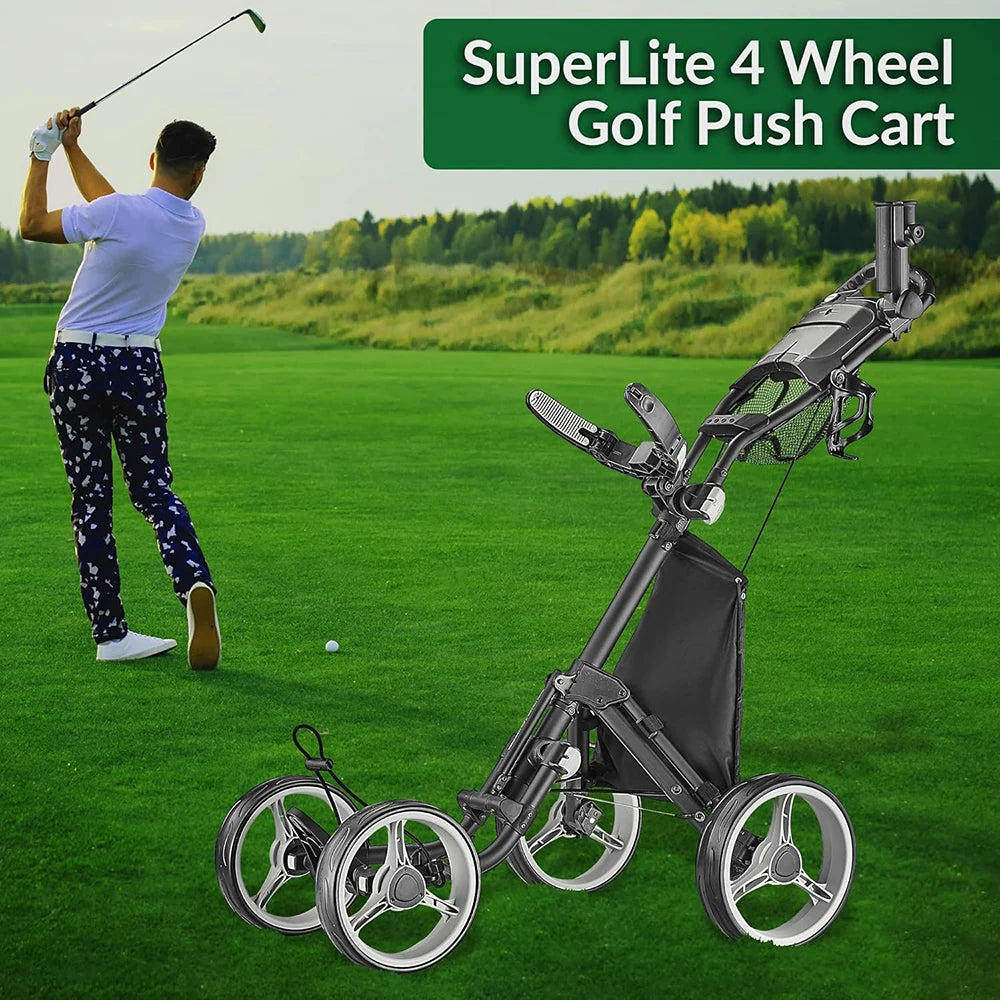 Factory Price Golf Cart 4 Wheels Golf Trolley Cart Folding Golf Push Trolley With Umbrella Holder