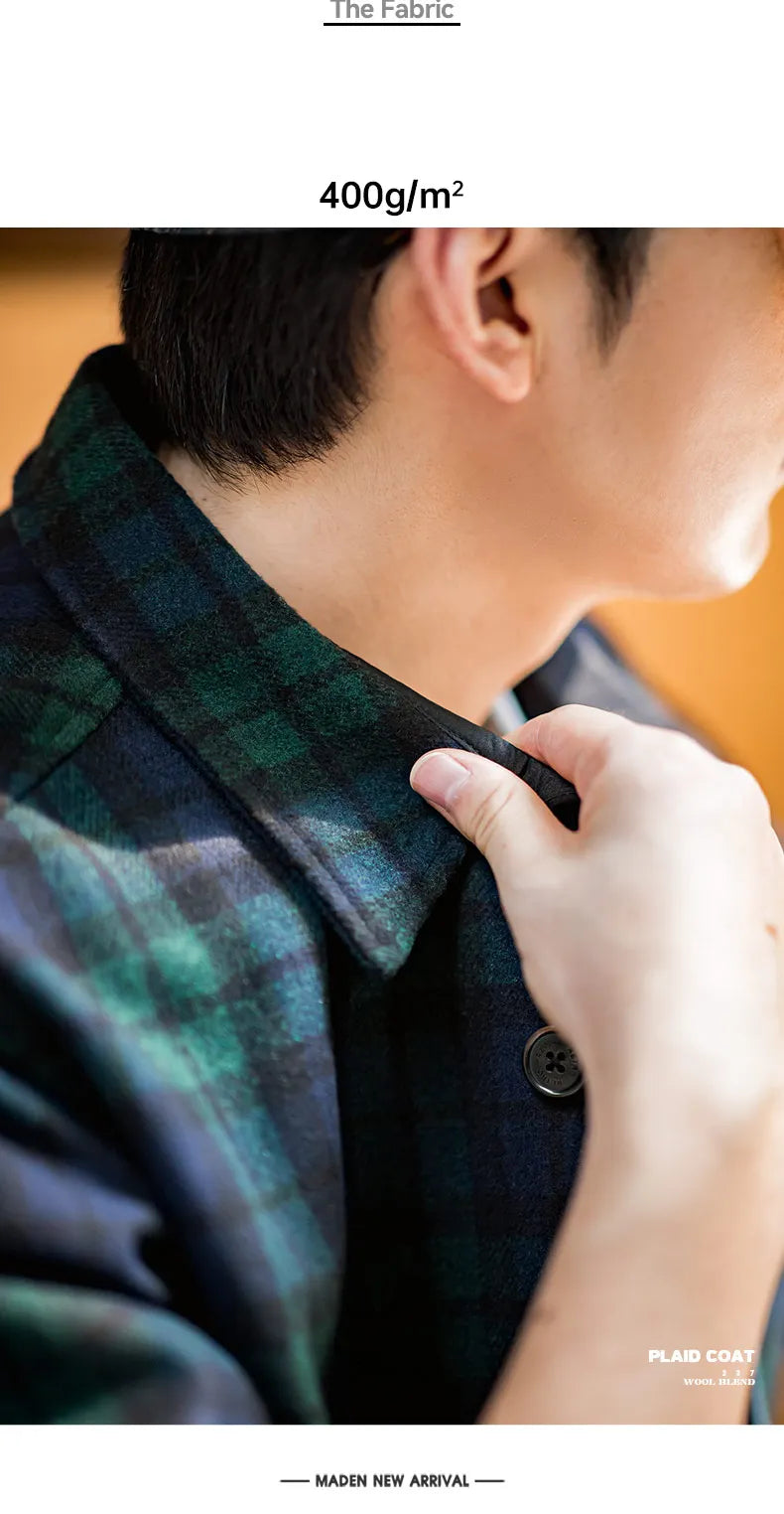 Maden American Retro Blue Green Plaid Wool Jacket Loose Thick Plaid Shirt Jacket Men's Coat Clothing Spring And Autumn