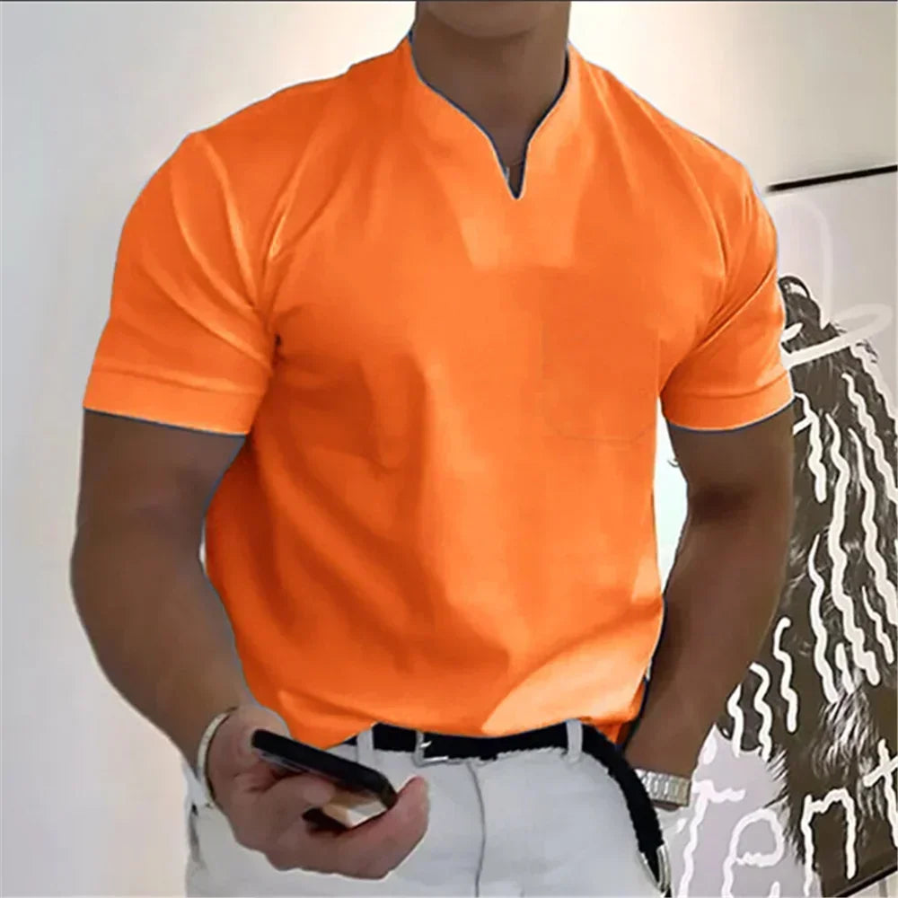 2025 Summer New Men's Fashion Trend T-shirt Short Sleeve V-neck Top Elastic Cotton Fitness Sports Loose Large Size Clothing