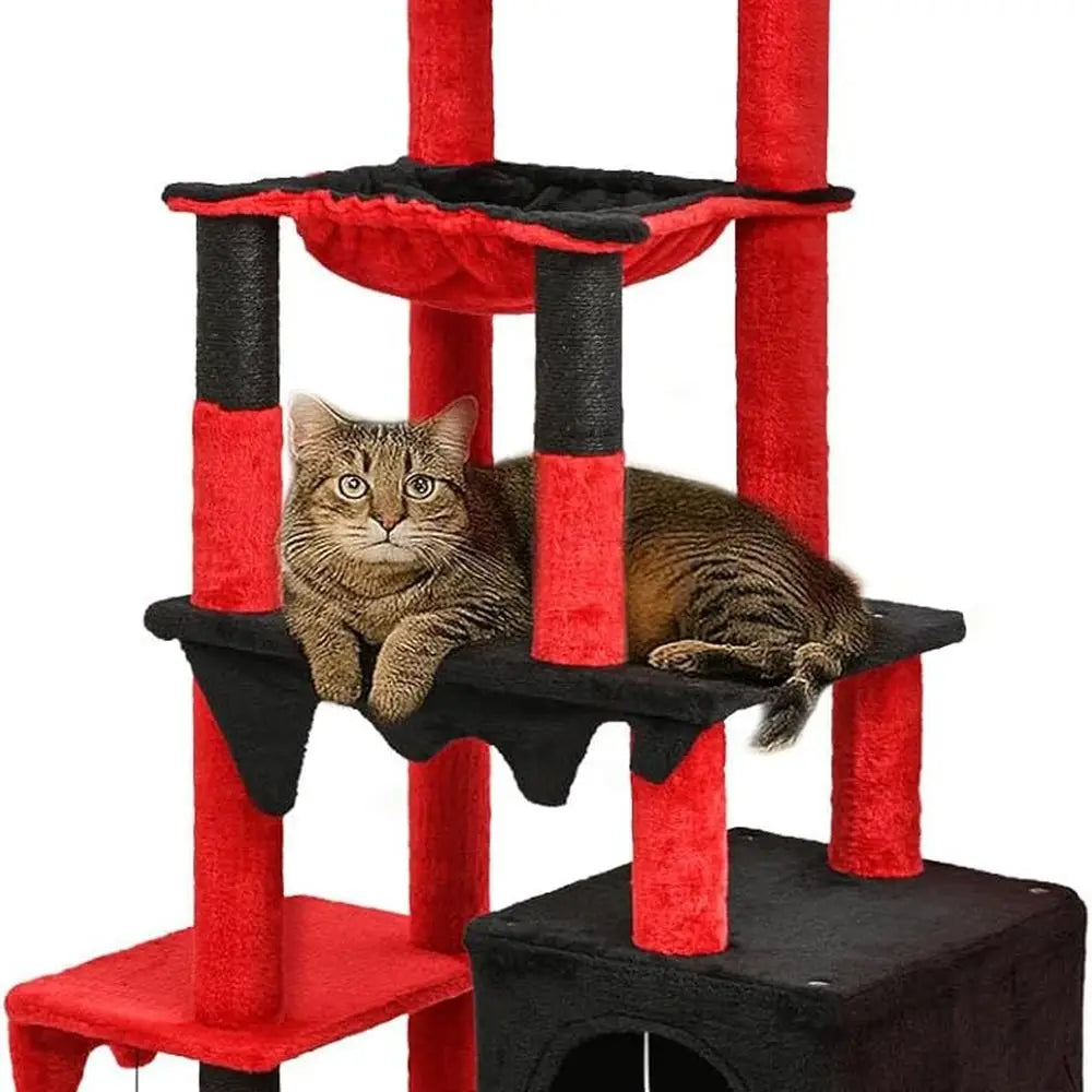 Halloween-Themed 66 Tall Gothic Cat Tree with Bed, Hammock, Toys, and Scratching Posts in Black and Red
