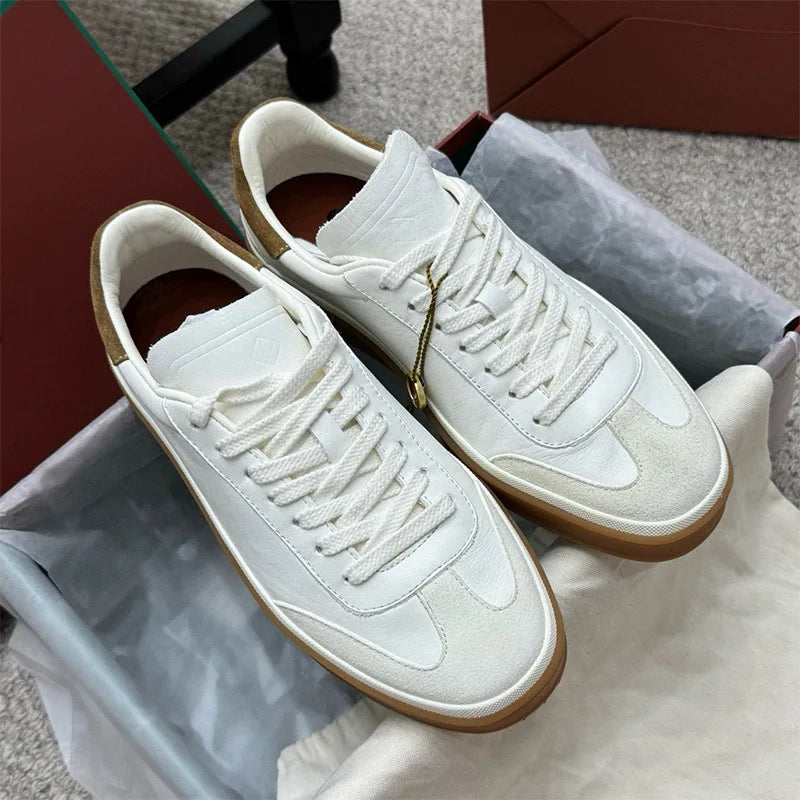 Men's Genuine Leather Lace Up Round Toe Trainer Shoes White