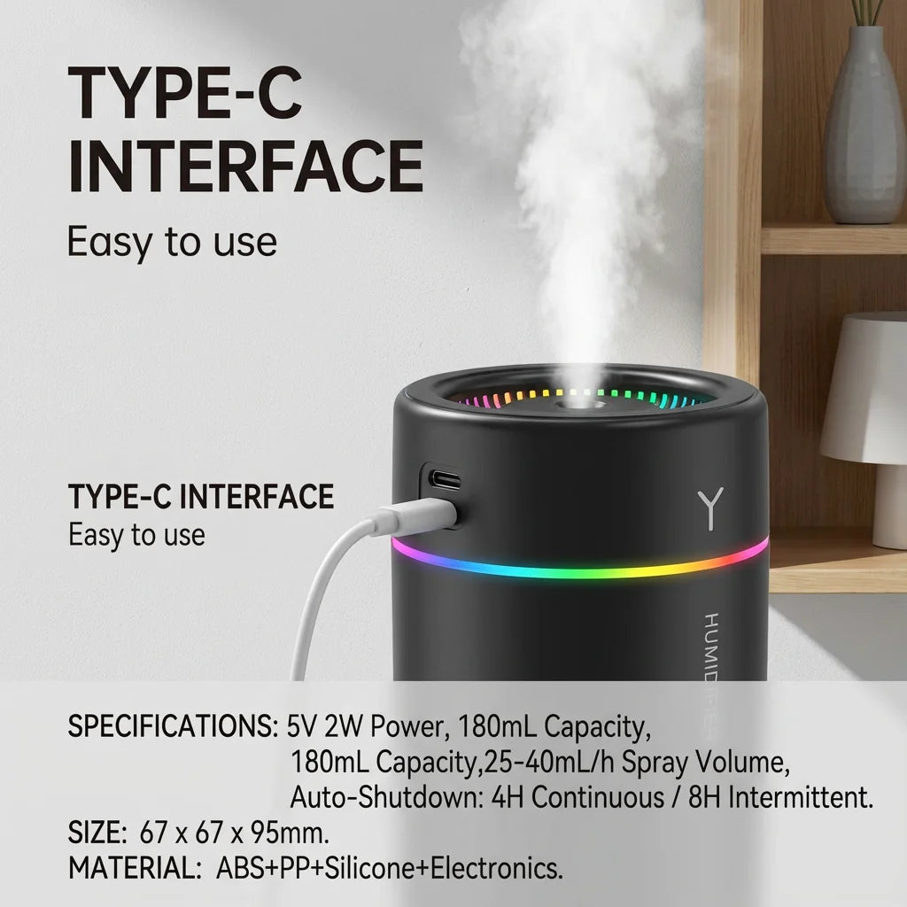 1pc Car Humidifier Colorful LED Aromatherapy Humidifier Silent Ultrasonic Air Aromatherapy Machine Suitable for Bedroom Office