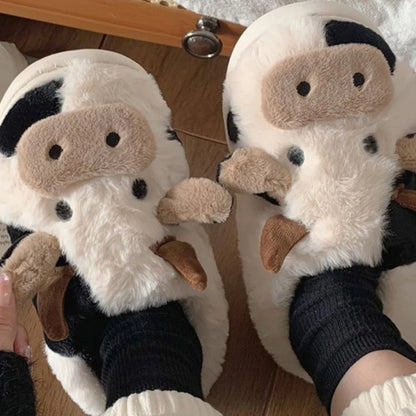 Cartoon Cow Plush Slippers For Women Winter Indoor Non-Slip Rubber Sole