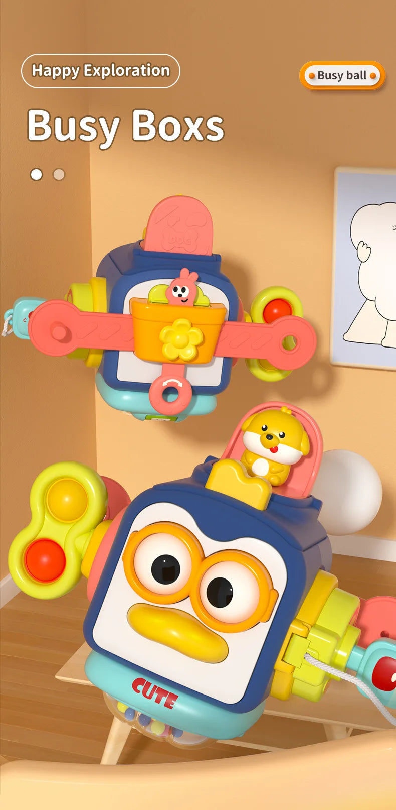 Baby Busy Board Cube Montessori Sensory Toys for Toddler Educational Learning Activities Travel Toy Lock Box Fine Motor Skill