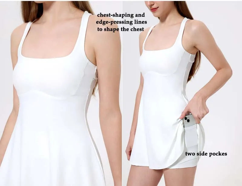 VITALINOVO Square Neck Womens Two Pieces Tennis Dress with Shorts Open Racerback Built-in Bra Workout Athletic Golf Dresses