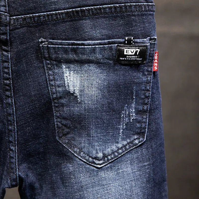 Men's Slim-Fit Elastic Jeans, Ripped Denim, Cotton, Blue Black