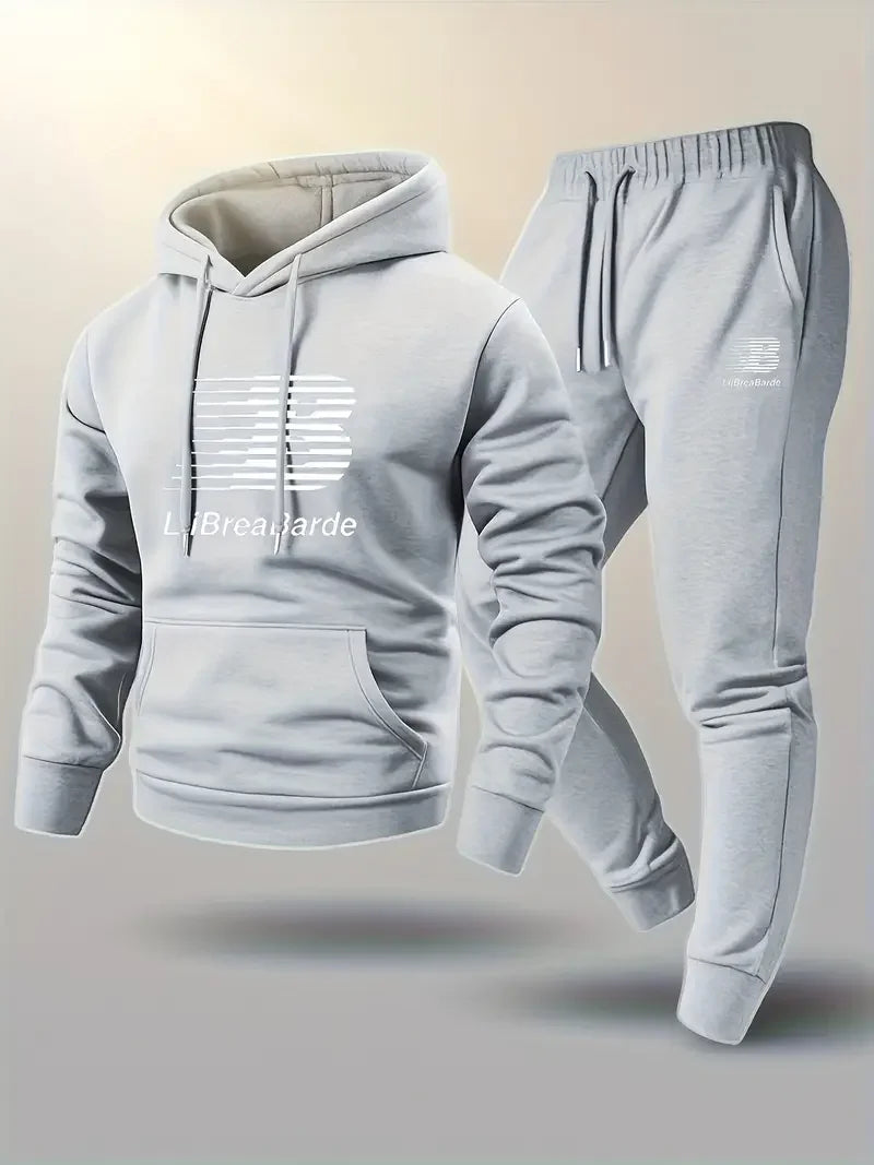 Men's letter printed casual hooded sports suit with polyester fiber long sleeved pullover and drawstring running pants suitable
