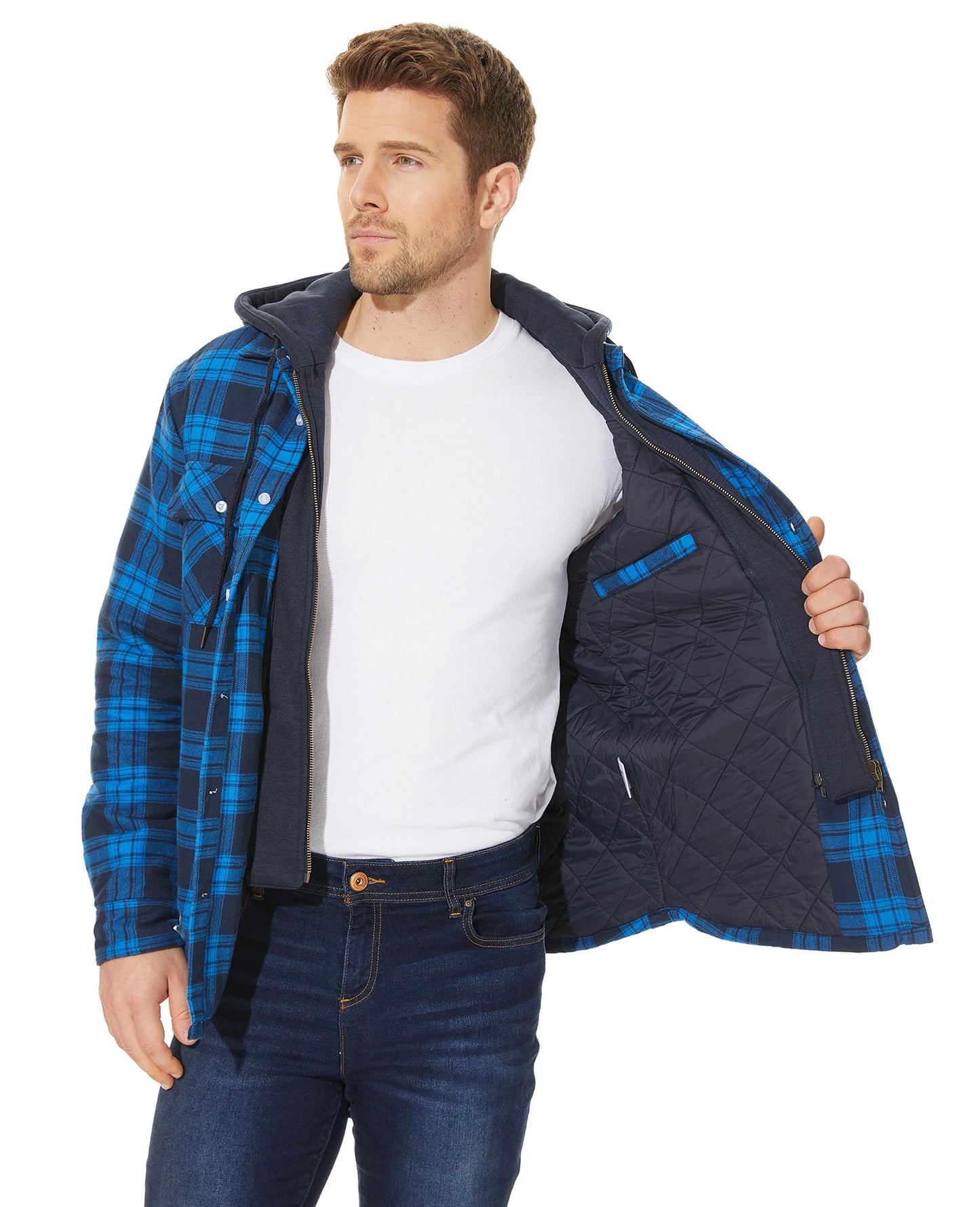 TACVASEN Men's Flannel Shirt Jacket with Removable Hood Plaid Quilted Lined Winter Coats Thick Hoodie Outwear Man Fleece Shirts