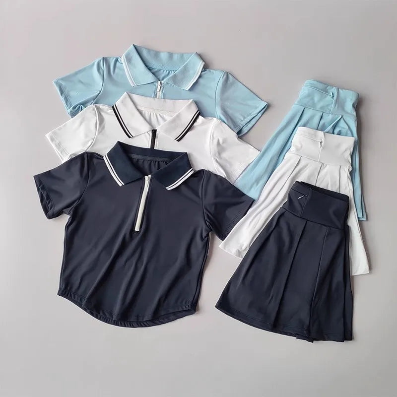 Women's summer new tennis suit set, short polo shirt, short sleeved sports top paired with pleated anti glare skirt pants
