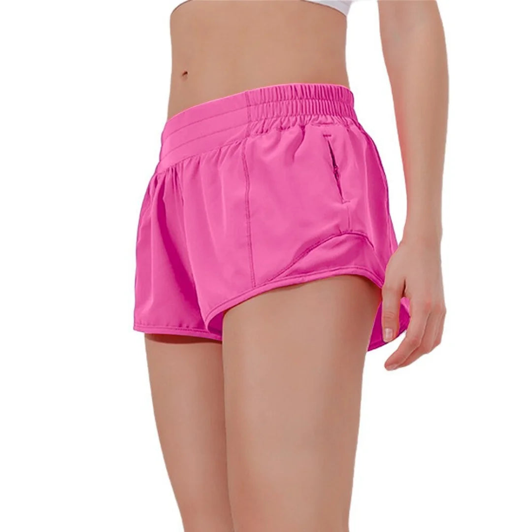 Quick drying sports shorts with lined zipper pockets, women's high waisted running shorts