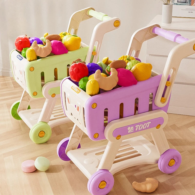 32pcs Shopping Cart Toy Set Kids Large Supermarket Trolley Role Playing Pretend Play Props Simulation Fruit Food Boys Girls Gift